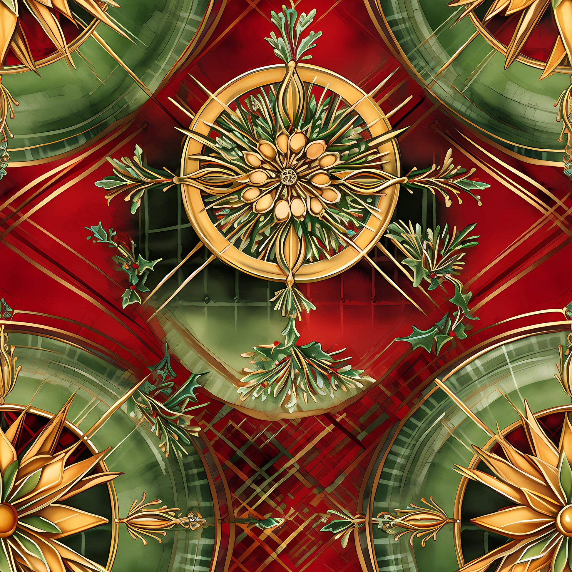 red, green, gold, christmas, quilting cotton, fabric panel, ornate medallions, floral motifs, holly leaves, geometric patterns, plaid background, festive design, holiday theme, circular motifs, botanical elements, rich colors, decorative wreaths, winter foliage, elegant ornaments, seasonal fabric