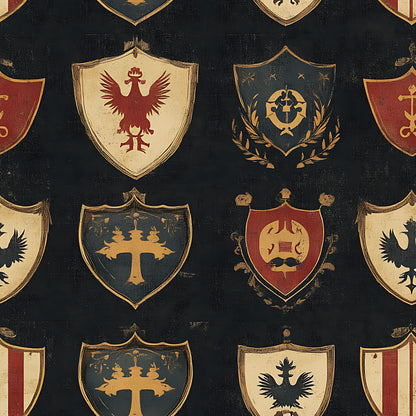 rustic shields, heraldic crests, medieval banners, eagle emblems, tree motifs, dark navy background, burgundy red, cream beige, gold accents, weathered texture, quilting cotton, fabric panel, coat of arms, vintage style, distressed finish, german inspired, patriotic symbols, repeating pattern, antiqued look