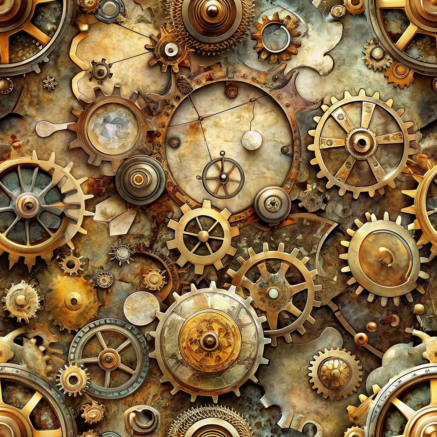 steampunk, mechanical gears, brass, copper, bronze, gold, antique, vintage machinery, clockwork, industrial, cogs, wheels, metallic, weathered, aged patina, quilting cotton, fabric panel, victorian era, intricate details, mechanical elements