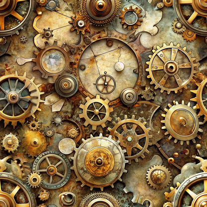 steampunk, mechanical gears, brass, copper, bronze, gold, antique, vintage machinery, clockwork, industrial, cogs, wheels, metallic, weathered, aged patina, quilting cotton, fabric panel, victorian era, intricate details, mechanical elements