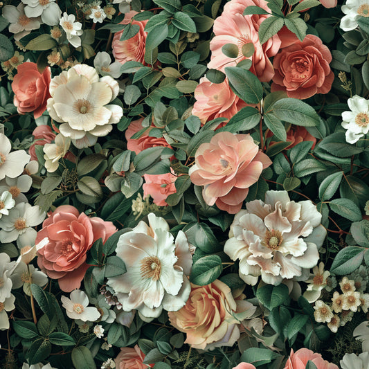 realistic flowers, botanical pattern, coral pink, cream white, sage green, dusty rose, vintage roses, garden blooms, floral arrangement, quilting cotton, fabric panel, romantic florals, muted pastels, layered petals, rose bushes, cottage garden, soft textures, nature inspired, seamless repeat, vintage botanical