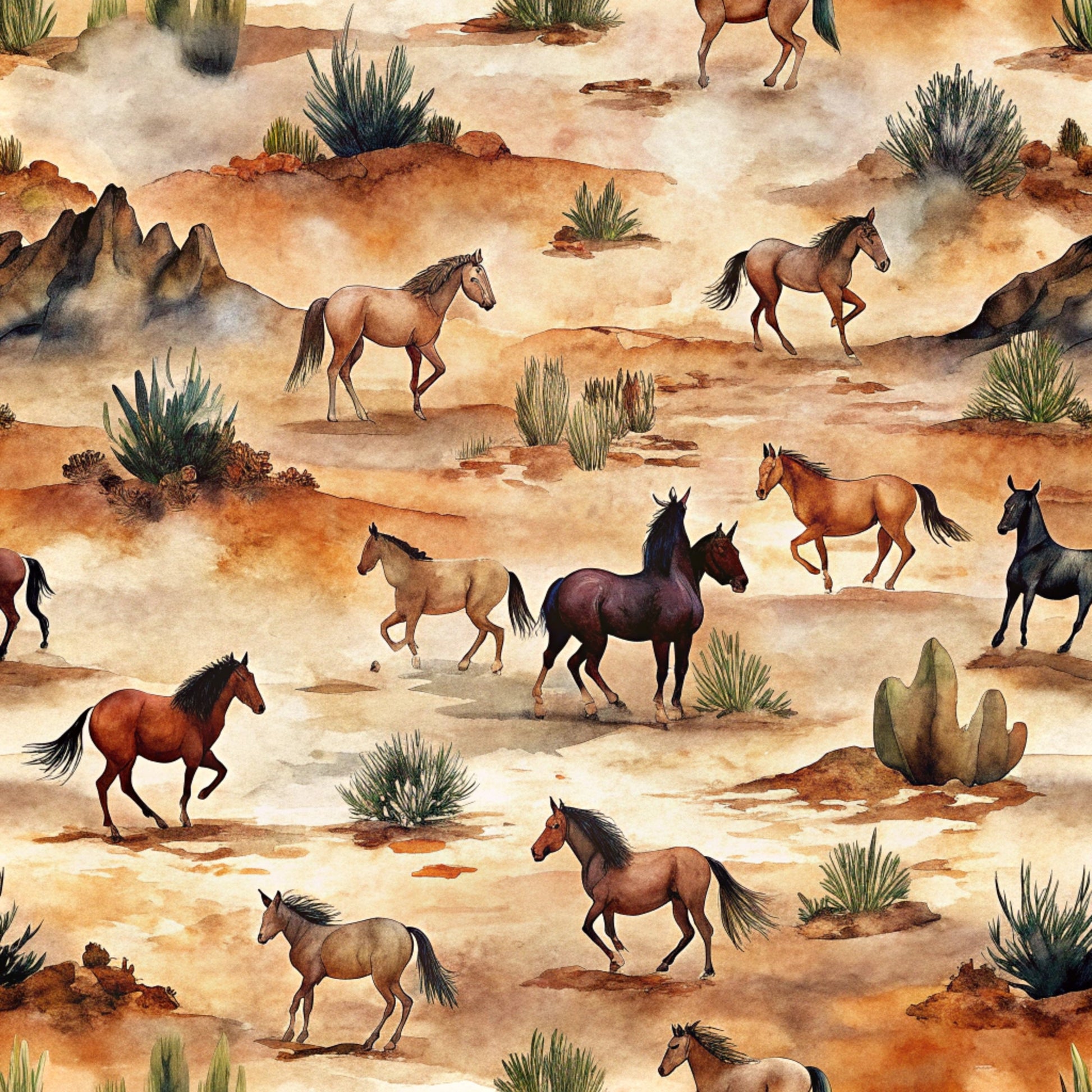 wild horses, desert landscape, western theme, earthy tones, brown horses, black horses, tan colors, orange hues, watercolor style, cacti plants, rocky terrain, galloping horses, southwestern design, quilting cotton, fabric panel, nature scene, dusty ground, desert flora, rustic artwork, animal motif