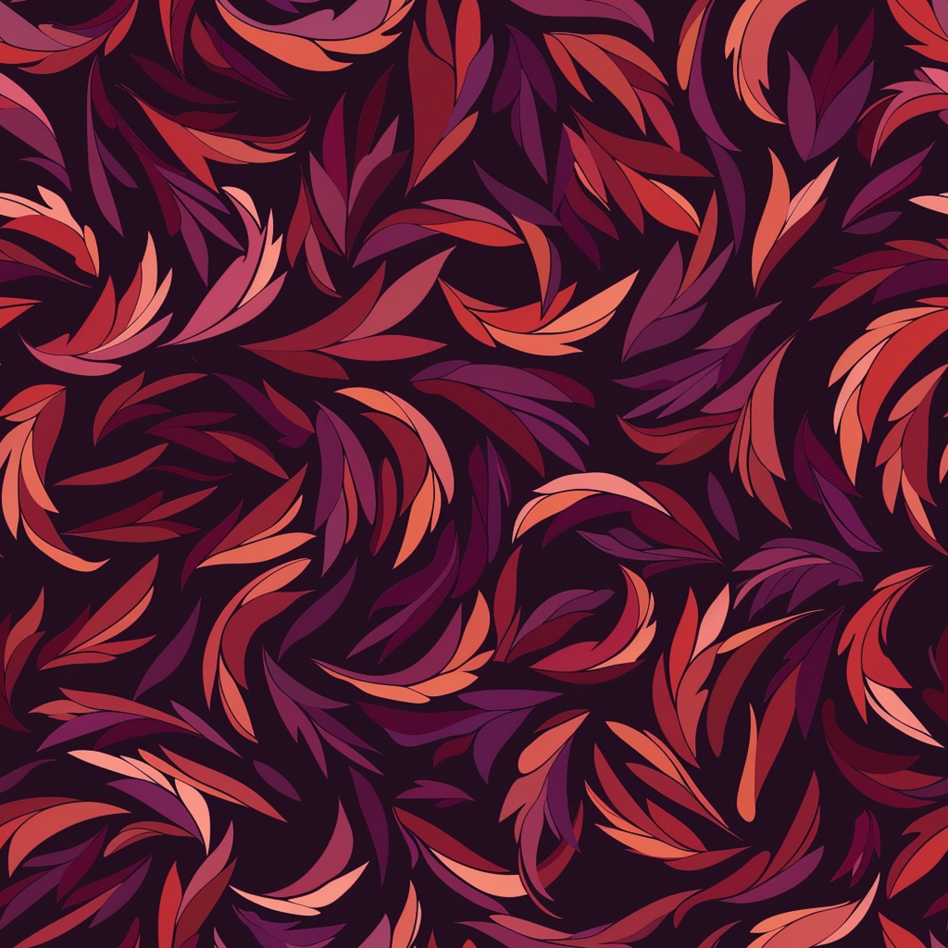 burgundy, coral, pink, purple, dark plum, swirling leaves, flowing botanical, abstract foliage, curved petals, organic spirals, seamless repeat, modern floral, contemporary design, quilting cotton, fabric panel, autumn colors, warm tones, sophisticated palette, artistic leaves, decorative swirls