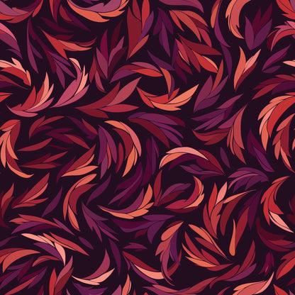 burgundy, coral, pink, purple, dark plum, swirling leaves, flowing botanical, abstract foliage, curved petals, organic spirals, seamless repeat, modern floral, contemporary design, quilting cotton, fabric panel, autumn colors, warm tones, sophisticated palette, artistic leaves, decorative swirls