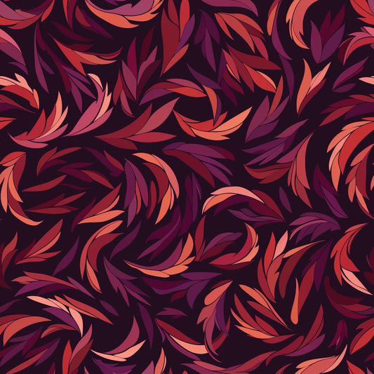burgundy, coral, pink, purple, dark plum, swirling leaves, flowing botanical, abstract foliage, curved petals, organic spirals, seamless repeat, modern floral, contemporary design, quilting cotton, fabric panel, autumn colors, warm tones, sophisticated palette, artistic leaves, decorative swirls