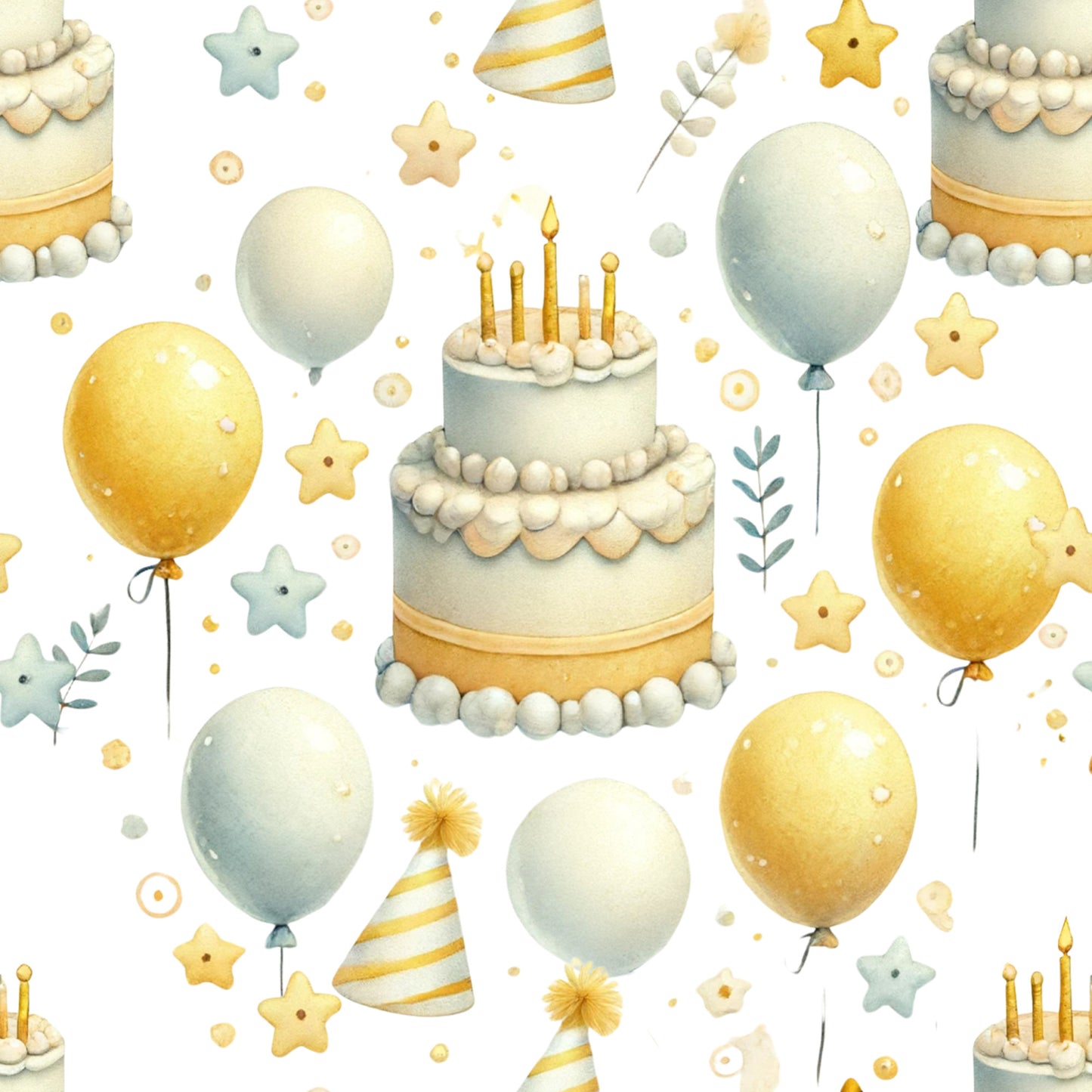 birthday party, celebration, balloons, birthday cake, candles, party hats, stars, yellow, sage green, cream, white, gold accents, watercolor style, festive, quilting cotton, fabric panel, children's theme, soft pastels, whimsical, party decorations