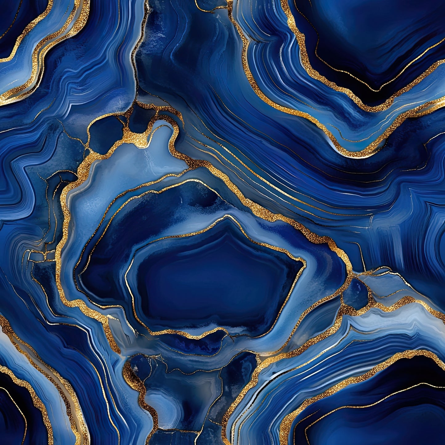 royal blue, gold, navy blue, sapphire blue, agate pattern, geode design, marbled swirls, flowing lines, gilded edges, mineral formation, abstract art, luxurious, elegant, fluid movement, quilting cotton, fabric panel, natural stone, crystalline structure, organic shapes, metallic accents
