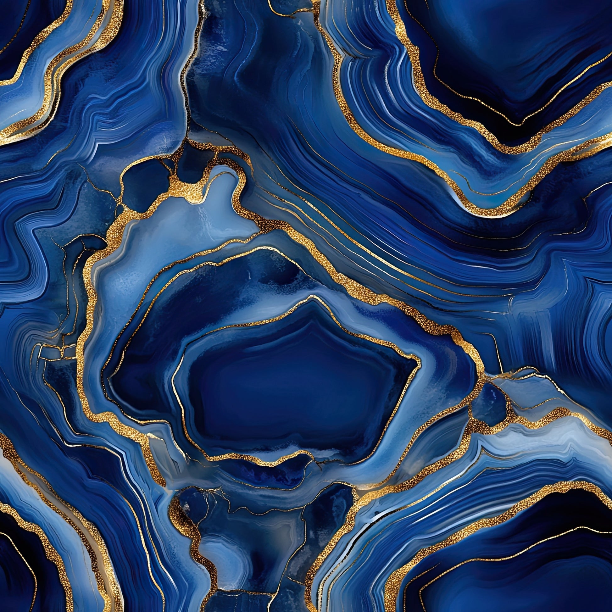 royal blue, gold, navy blue, sapphire blue, agate pattern, geode design, marbled swirls, flowing lines, gilded edges, mineral formation, abstract art, luxurious, elegant, fluid movement, quilting cotton, fabric panel, natural stone, crystalline structure, organic shapes, metallic accents