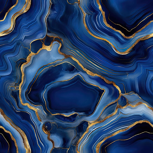 royal blue, gold, navy blue, sapphire blue, agate pattern, geode design, marbled swirls, flowing lines, gilded edges, mineral formation, abstract art, luxurious, elegant, fluid movement, quilting cotton, fabric panel, natural stone, crystalline structure, organic shapes, metallic accents