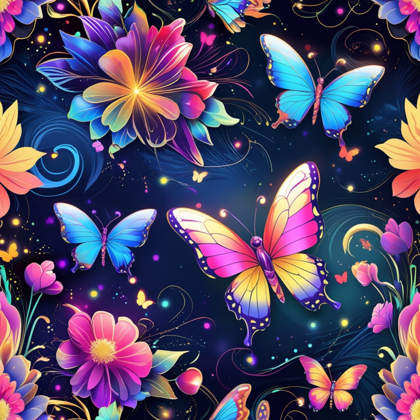 - Fantasy Butterflies Pattern 33 Quilting Cotton Fabric  
- vibrant butterflies  
- multicolor floral design  
- dark background  
- blue, purple, pink, yellow hues  
- whimsical, bright, colorful  
- quilting fabric  
- cotton textile  
- detailed nature motif  
- spring theme  
- lively, artistic illustration