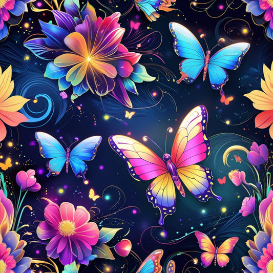butterflies, fantasy flowers, vibrant purple, electric blue, hot pink, golden yellow, cosmic background, floral motifs, iridescent wings, magical sparkles, quilting cotton, fabric panel, whimsical design, rainbow gradient, celestial swirls, nature fantasy, decorative butterflies, luminous petals, enchanted garden, colorful blooms