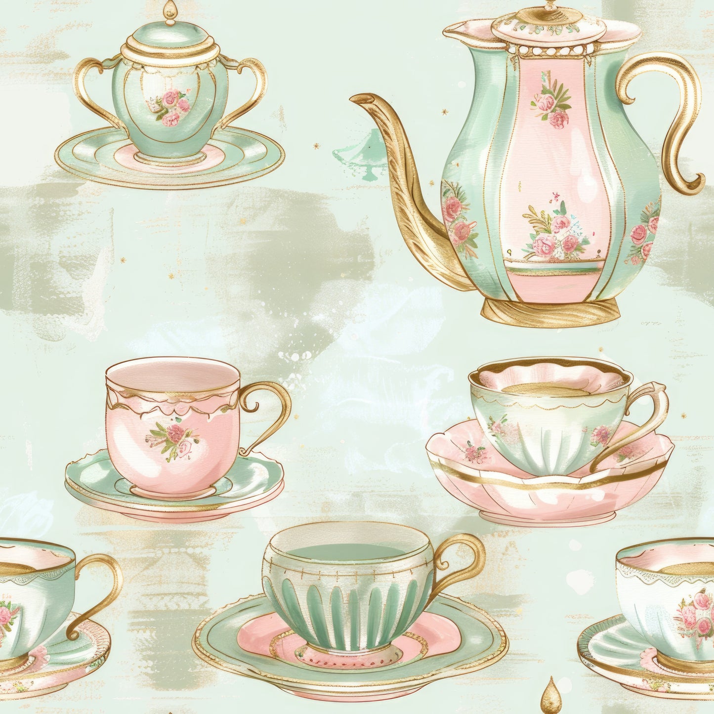mint green, dusty pink, gold accents, teacups, teapots, saucers, floral motifs, roses, vintage china, elegant porcelain, tea party, delicate patterns, pastel colors, quilting cotton, fabric panel, whimsical design, shabby chic, romantic style, watercolor effect, soft pastels