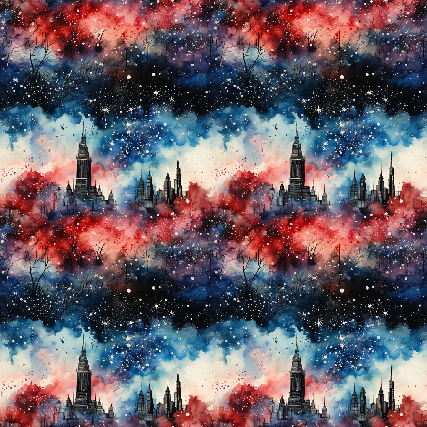 patriotic, grunge, red, blue, white, navy, watercolor, galaxy, stars, cityscape, skyline, buildings, skyscrapers, nebula, cosmic, quilting cotton, fabric panel, distressed, abstract, americana