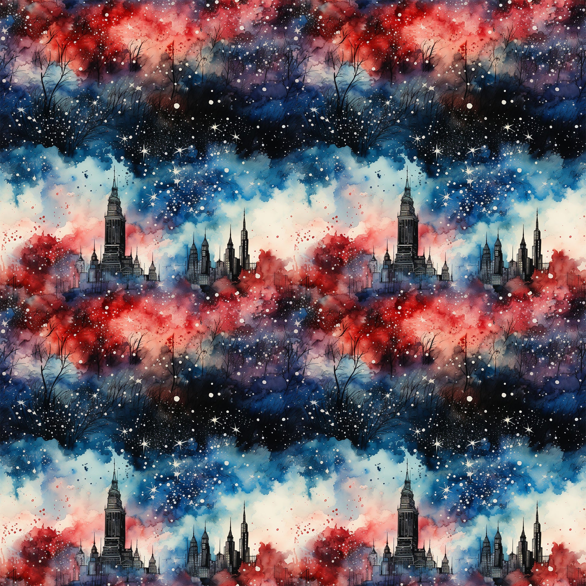 patriotic, grunge, red, blue, white, navy, watercolor, galaxy, stars, cityscape, skyline, buildings, skyscrapers, nebula, cosmic, quilting cotton, fabric panel, distressed, abstract, americana