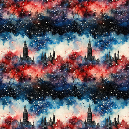 patriotic, grunge, red, blue, white, navy, watercolor, galaxy, stars, cityscape, skyline, buildings, skyscrapers, nebula, cosmic, quilting cotton, fabric panel, distressed, abstract, americana