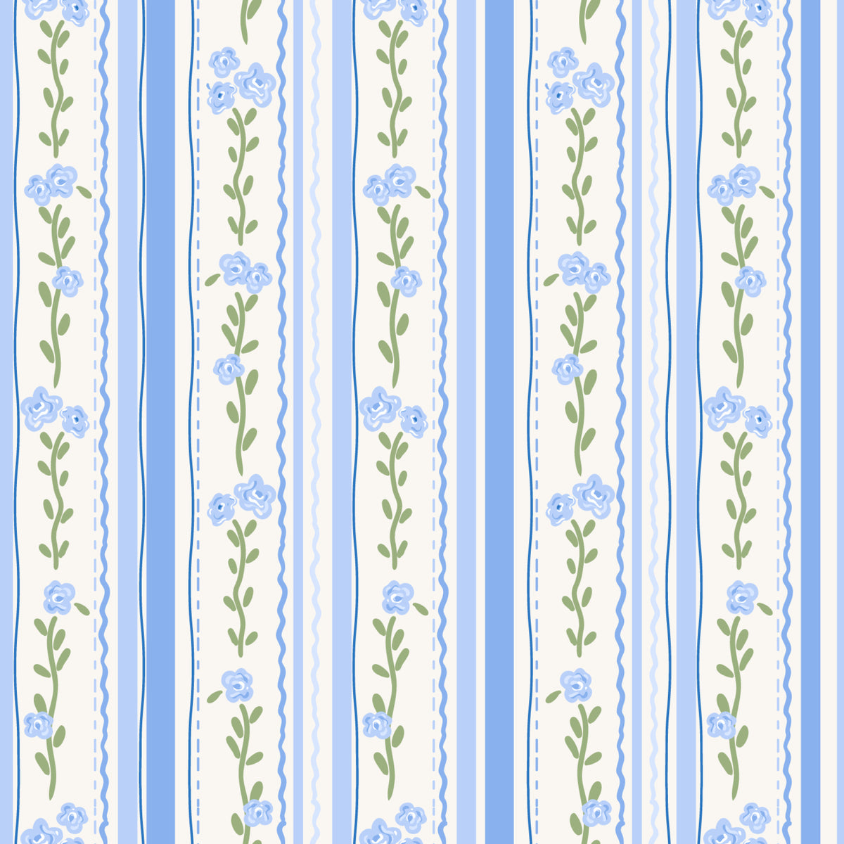 blue stripes, cream background, floral pattern, small roses, green leaves, vertical stripes, quilting cotton, fabric panel, delicate flowers, soft blue, pastel colors, botanical design, feminine pattern, cottage style, vintage inspired, repeating motif, decorative borders, wavy lines, romantic floral, crafting fabric
