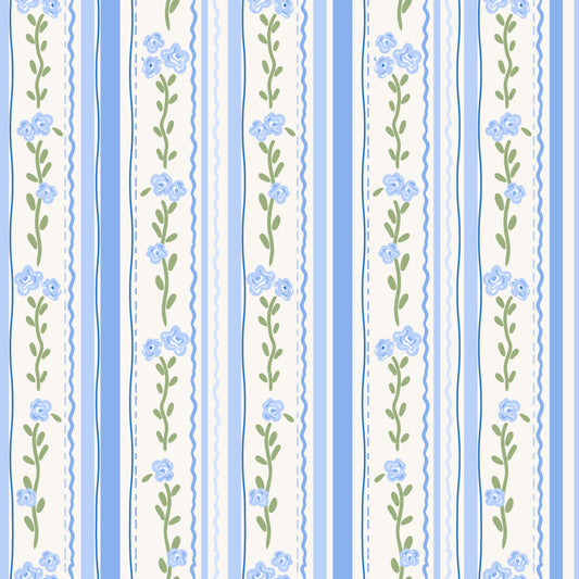 blue stripes, cream background, floral pattern, small roses, green leaves, vertical stripes, quilting cotton, fabric panel, delicate flowers, soft blue, pastel colors, botanical design, feminine pattern, cottage style, vintage inspired, repeating motif, decorative borders, wavy lines, romantic floral, crafting fabric