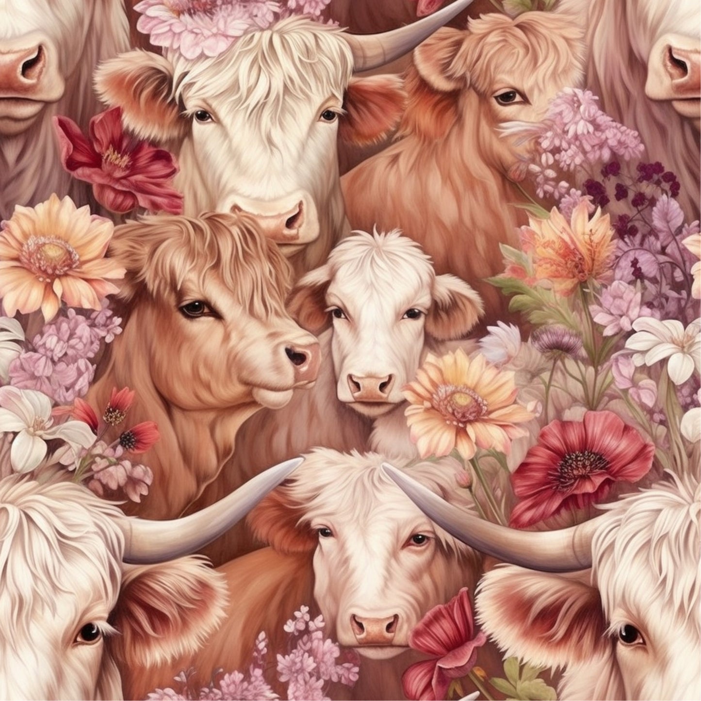 highland cows, floral pattern, quilting cotton, fabric panel, peach tones, coral flowers, purple blooms, cream colored, brown cattle, pastoral design, farm animals, botanical elements, soft pastels, decorative florals, country style, rustic charm, seamless repeat, cotton fabric, crafting material, sewing supplies