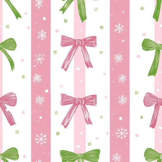 sweet pink, christmas pattern, quilting cotton, fabric panel, pink stripes, green bows, pink bows, white snowflakes, vertical stripes, holiday motif, festive design, winter theme, ribbon bows, snowflake pattern, pastel colors, soft pink, mint green, whimsical style, seasonal fabric, cotton fabric
