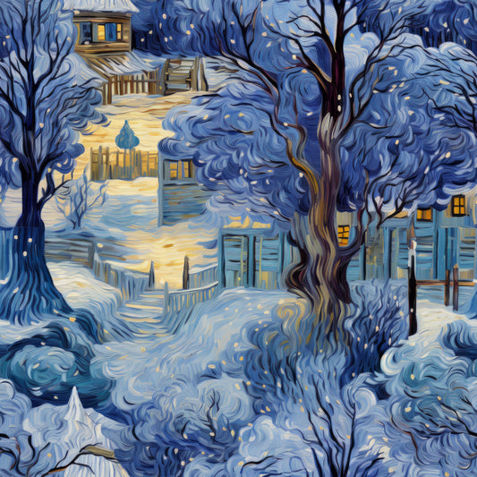 winter scene, quilting cotton, fabric panel, swirling sky, bare trees, snow covered, cottage houses, warm windows, blue tones, golden light, van gogh style, impressionistic, evening twilight, rural village, flowing brushstrokes, peaceful atmosphere, winter landscape, artistic pattern, cozy homes, starry night effect