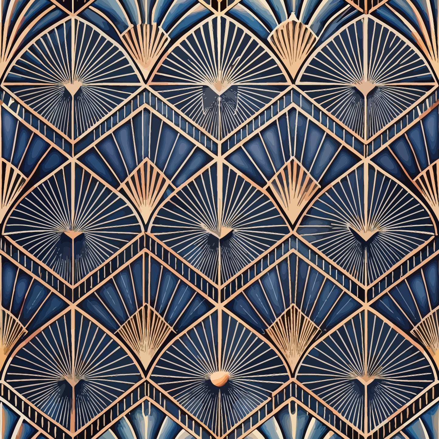 navy blue, copper, gold, art deco, geometric pattern, fan motifs, radiating lines, sunburst design, diamond shapes, chevron pattern, metallic accents, vintage style, repeating pattern, quilting cotton, fabric panel, luxurious, elegant, angular design, 1920s inspired, decorative motifs