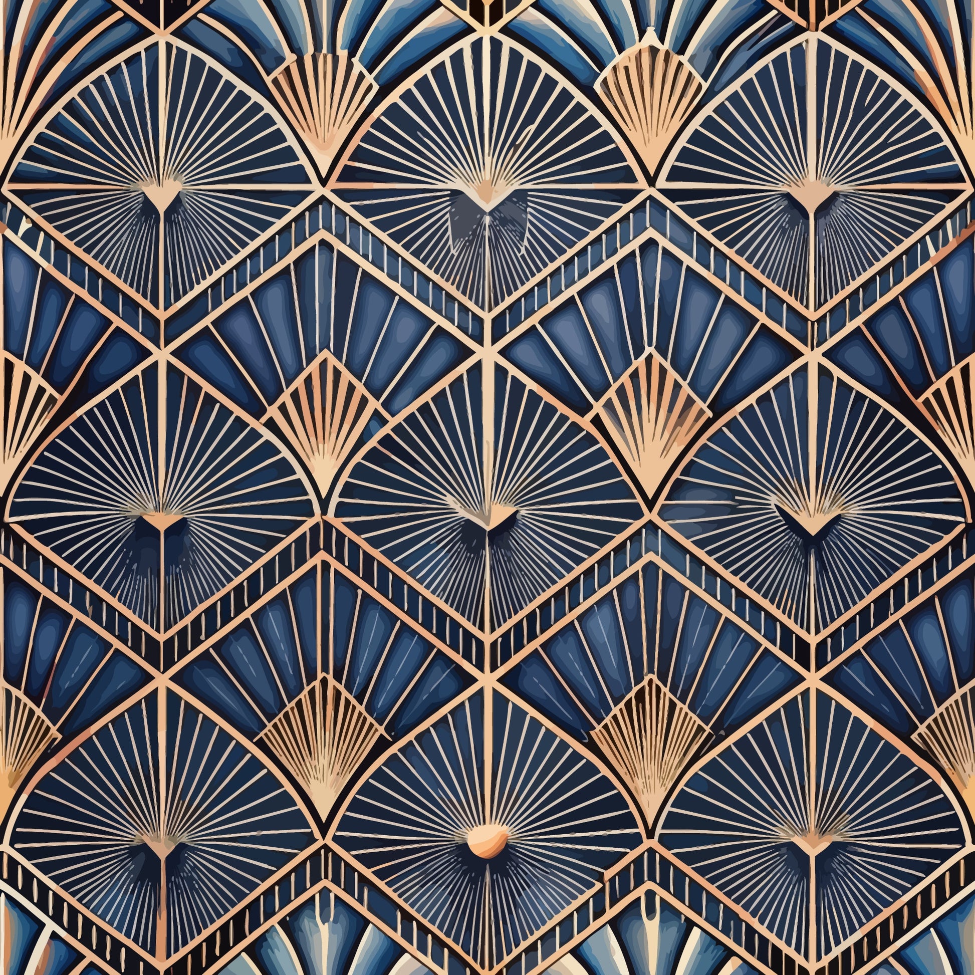 navy blue, copper, gold, art deco, geometric pattern, fan motifs, radiating lines, sunburst design, diamond shapes, chevron pattern, metallic accents, vintage style, repeating pattern, quilting cotton, fabric panel, luxurious, elegant, angular design, 1920s inspired, decorative motifs