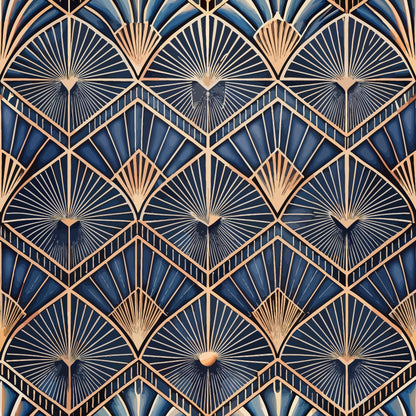 navy blue, copper, gold, art deco, geometric pattern, fan motifs, radiating lines, sunburst design, diamond shapes, chevron pattern, metallic accents, vintage style, repeating pattern, quilting cotton, fabric panel, luxurious, elegant, angular design, 1920s inspired, decorative motifs