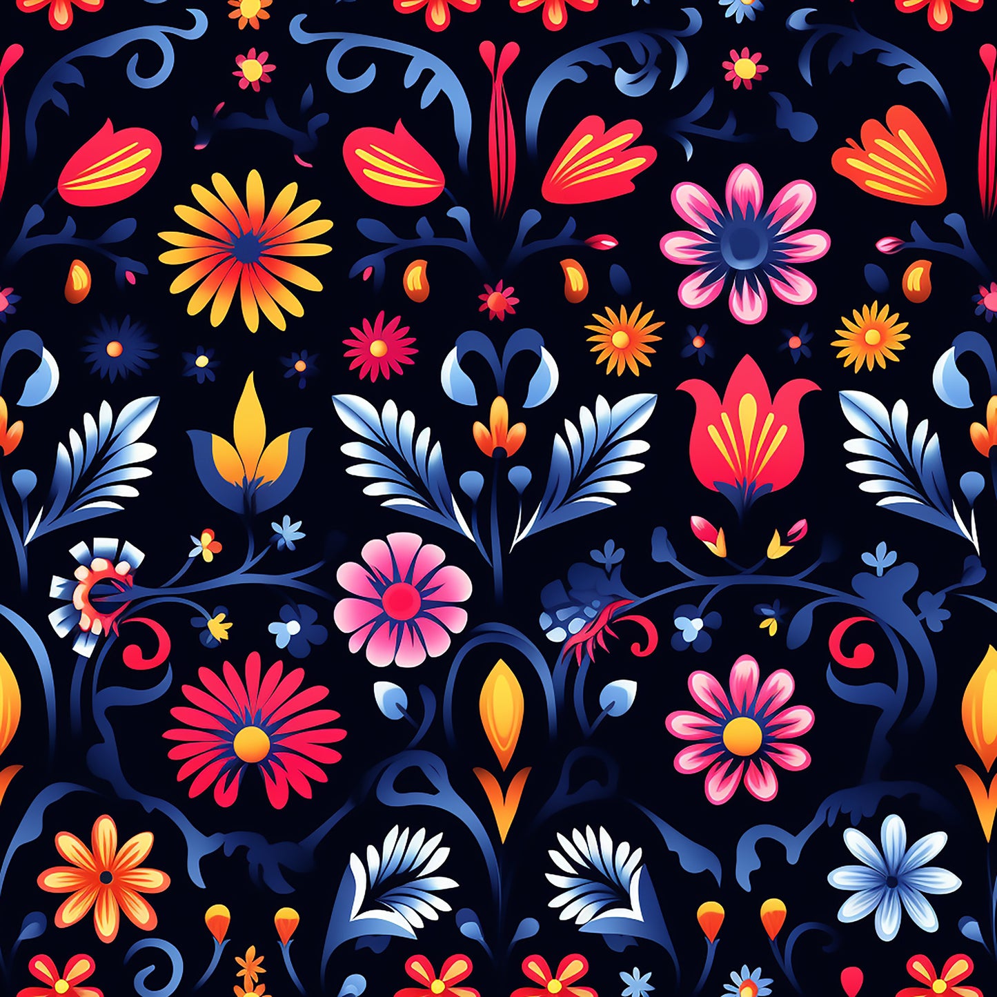 navy blue background, coral flowers, pink blossoms, orange daisies, yellow blooms, blue foliage, decorative swirls, floral motifs, folk art style, vibrant colors, quilting cotton, fabric panel, mexican inspired, festive pattern, botanical design, colorful florals, ornamental leaves, whimsical flowers, bright palette