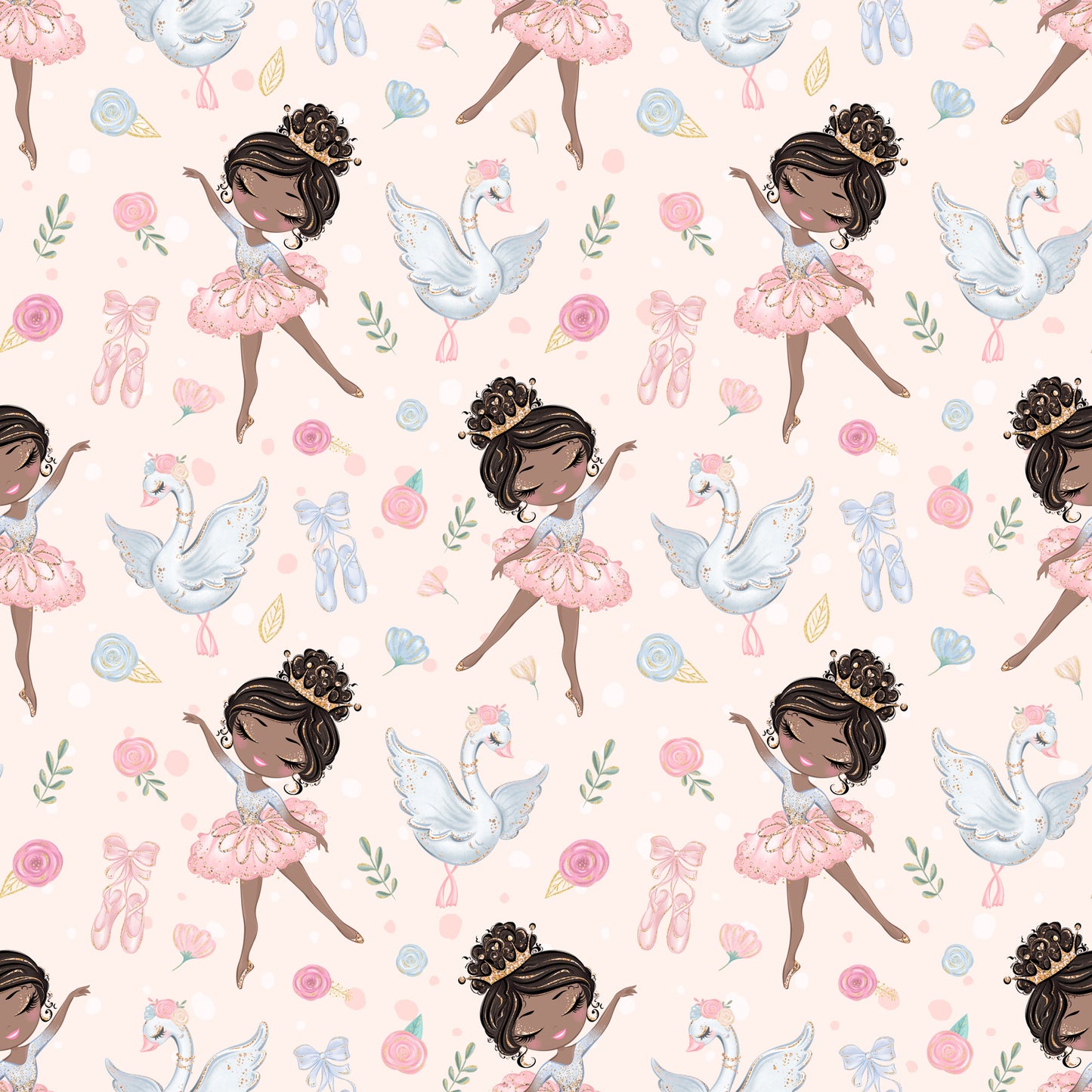 pink, blush, white, blue, ballet dancers, ballerinas, swans, roses, floral, ballet shoes, pointe shoes, tutus, bows, ribbons, whimsical, delicate, feminine, repeating pattern, quilting cotton, children's fabric, graceful, soft pastels, dance theme