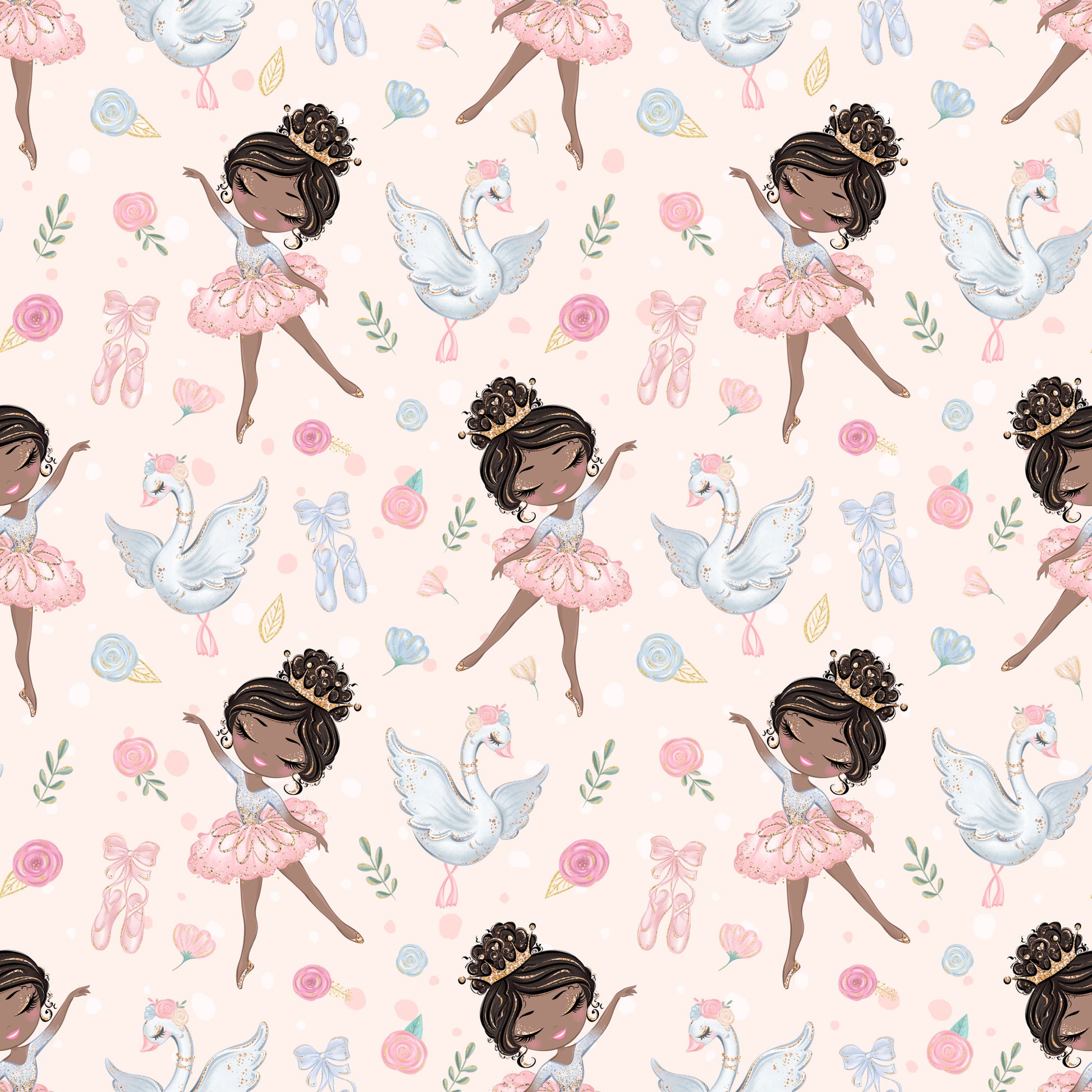 pink, blush, white, blue, ballet dancers, ballerinas, swans, roses, floral, ballet shoes, pointe shoes, tutus, bows, ribbons, whimsical, delicate, feminine, repeating pattern, quilting cotton, children's fabric, graceful, soft pastels, dance theme
