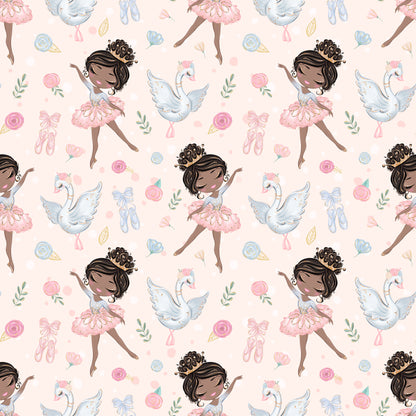 pink, blush, white, blue, ballet dancers, ballerinas, swans, roses, floral, ballet shoes, pointe shoes, tutus, bows, ribbons, whimsical, delicate, feminine, repeating pattern, quilting cotton, children's fabric, graceful, soft pastels, dance theme