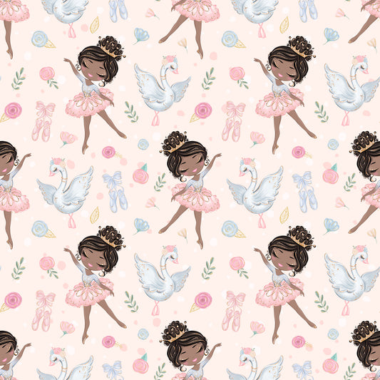 pink, blush, white, blue, ballet dancers, ballerinas, swans, roses, floral, ballet shoes, pointe shoes, tutus, bows, ribbons, whimsical, delicate, feminine, repeating pattern, quilting cotton, children's fabric, graceful, soft pastels, dance theme