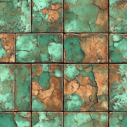 turquoise, copper, oxidized metal, patina, weathered tiles, cracked surface, aged texture, rustic finish, southwestern style, desert colors, vintage patina, distressed look, quilting cotton, fabric panel, western theme, antiqued copper, verdigris, ceramic tiles, bohemian style, earthy tones