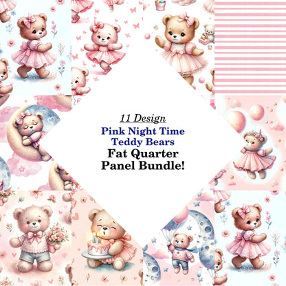 Pink Night Time Teddy Bears Fat Quarter Bundle