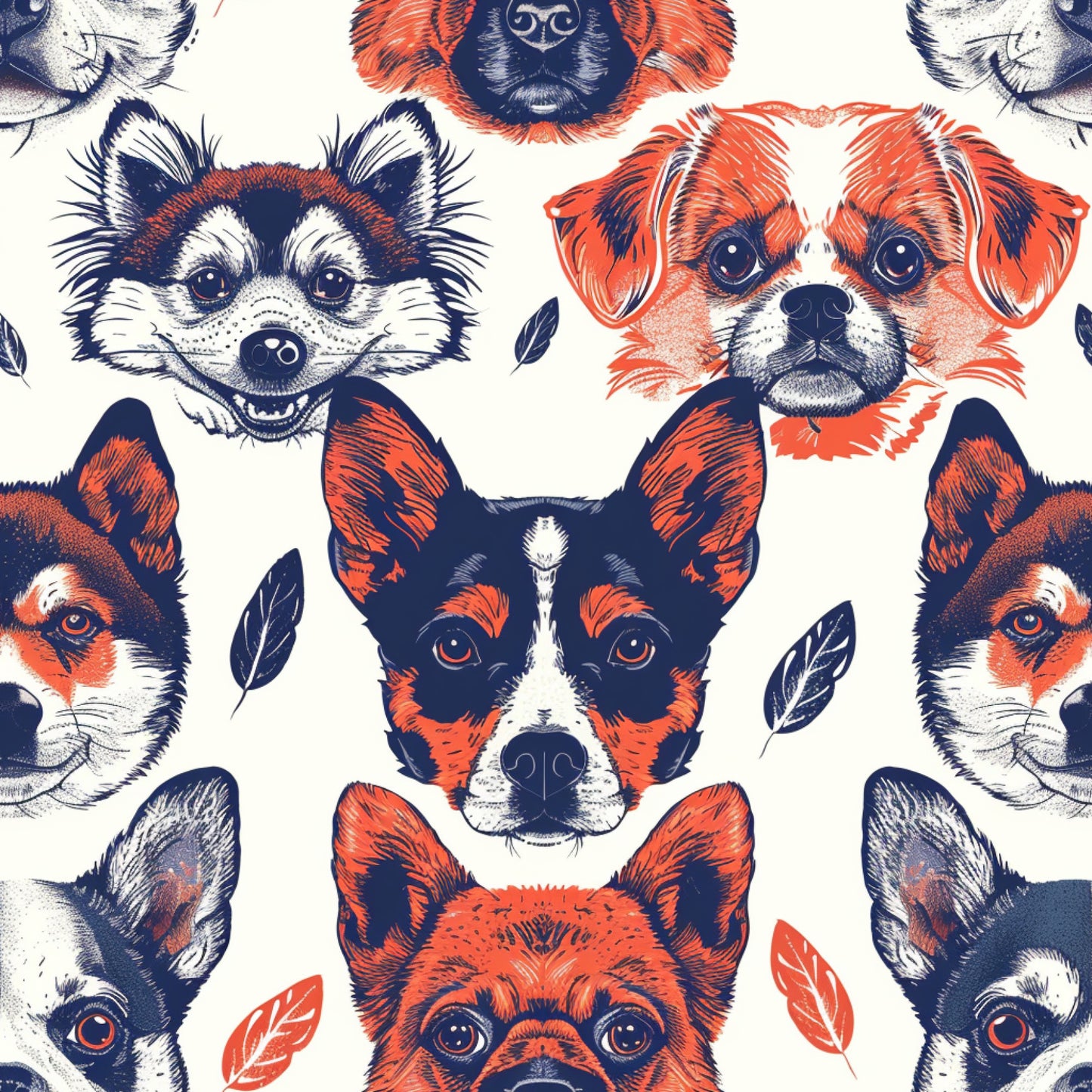 dog faces, animal portraits, navy blue, coral red, cream background, sketched illustration, pet pattern, quilting cotton, fabric panel, repeating design, canine breeds, artistic rendering, hand-drawn style, vintage inspired, small leaves, detailed fur texture, expressive eyes, mixed dog breeds