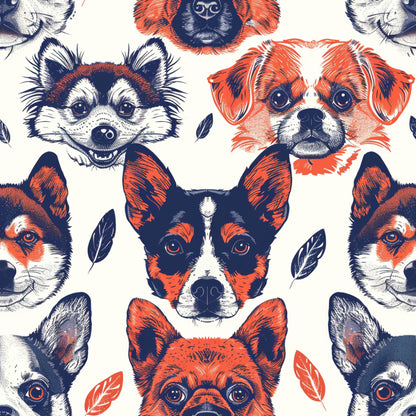 dog faces, animal portraits, navy blue, coral red, cream background, sketched illustration, pet pattern, quilting cotton, fabric panel, repeating design, canine breeds, artistic rendering, hand-drawn style, vintage inspired, small leaves, detailed fur texture, expressive eyes, mixed dog breeds