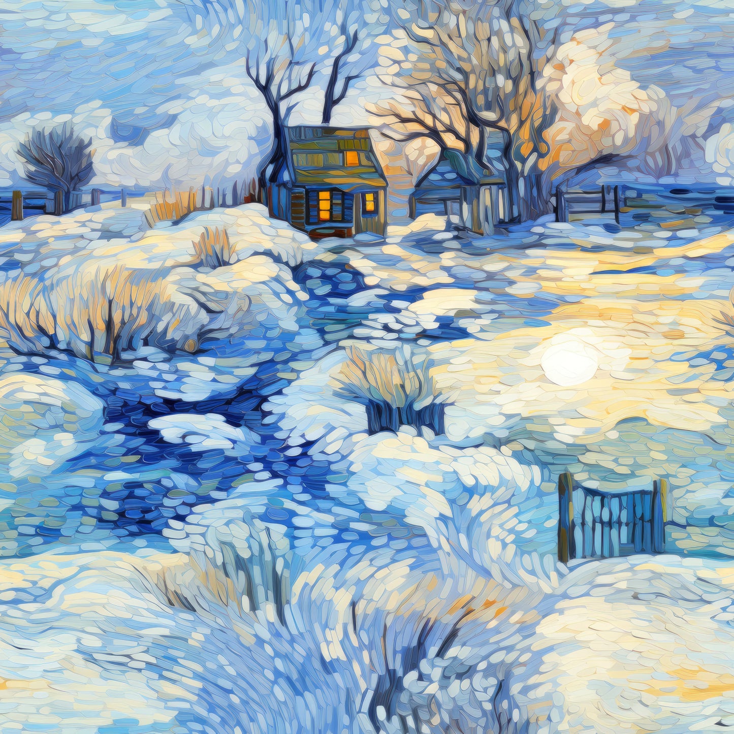 winter scene, dawn sky, snow covered landscape, cottage house, bare trees, flowing stream, swirling brushstrokes, impressionist style, blue tones, cream colors, orange accents, quilting cotton, fabric panel, peaceful mood, rural setting, post-impressionist, textured appearance, winter morning, cozy cabin, artistic rendering