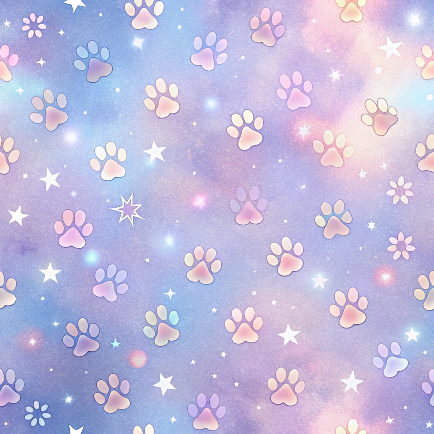 - Dog Paws Pattern 11 Quilting Cotton Fabric  
- pastel colors  
- light blue  
- soft pink  
- lavender  
- paw prints  
- stars  
- small flowers  
- cotton fabric  
- quilting material  
- animal-themed  
- seamless design  
- craft fabric  
- textile design
