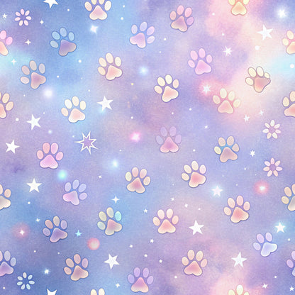- Dog Paws Pattern 11 Quilting Cotton Fabric  
- pastel colors  
- light blue  
- soft pink  
- lavender  
- paw prints  
- stars  
- small flowers  
- cotton fabric  
- quilting material  
- animal-themed  
- seamless design  
- craft fabric  
- textile design