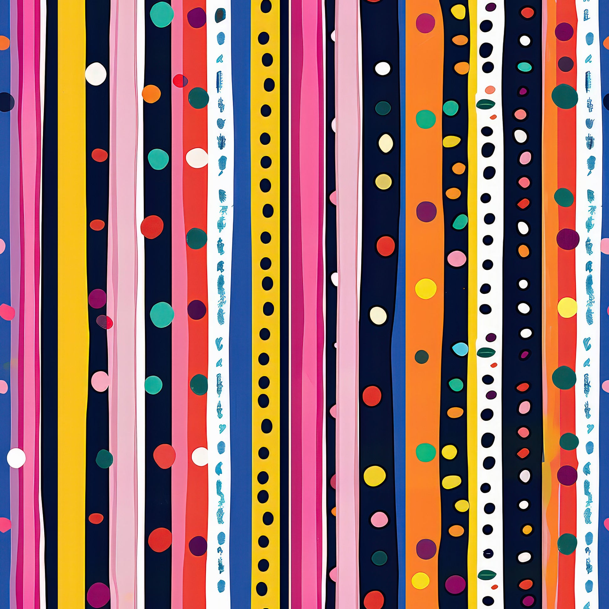 bright stripes, colorful dots, vertical bands, navy blue, hot pink, yellow, orange, red, teal, white, purple, geometric pattern, polka dots, vibrant colors, quilting cotton, fabric panel, modern design, playful pattern, cheerful mood, multicolored stripes