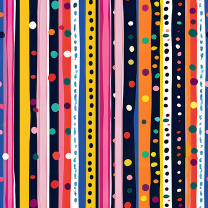 bright stripes, colorful dots, vertical bands, navy blue, hot pink, yellow, orange, red, teal, white, purple, geometric pattern, polka dots, vibrant colors, quilting cotton, fabric panel, modern design, playful pattern, cheerful mood, multicolored stripes