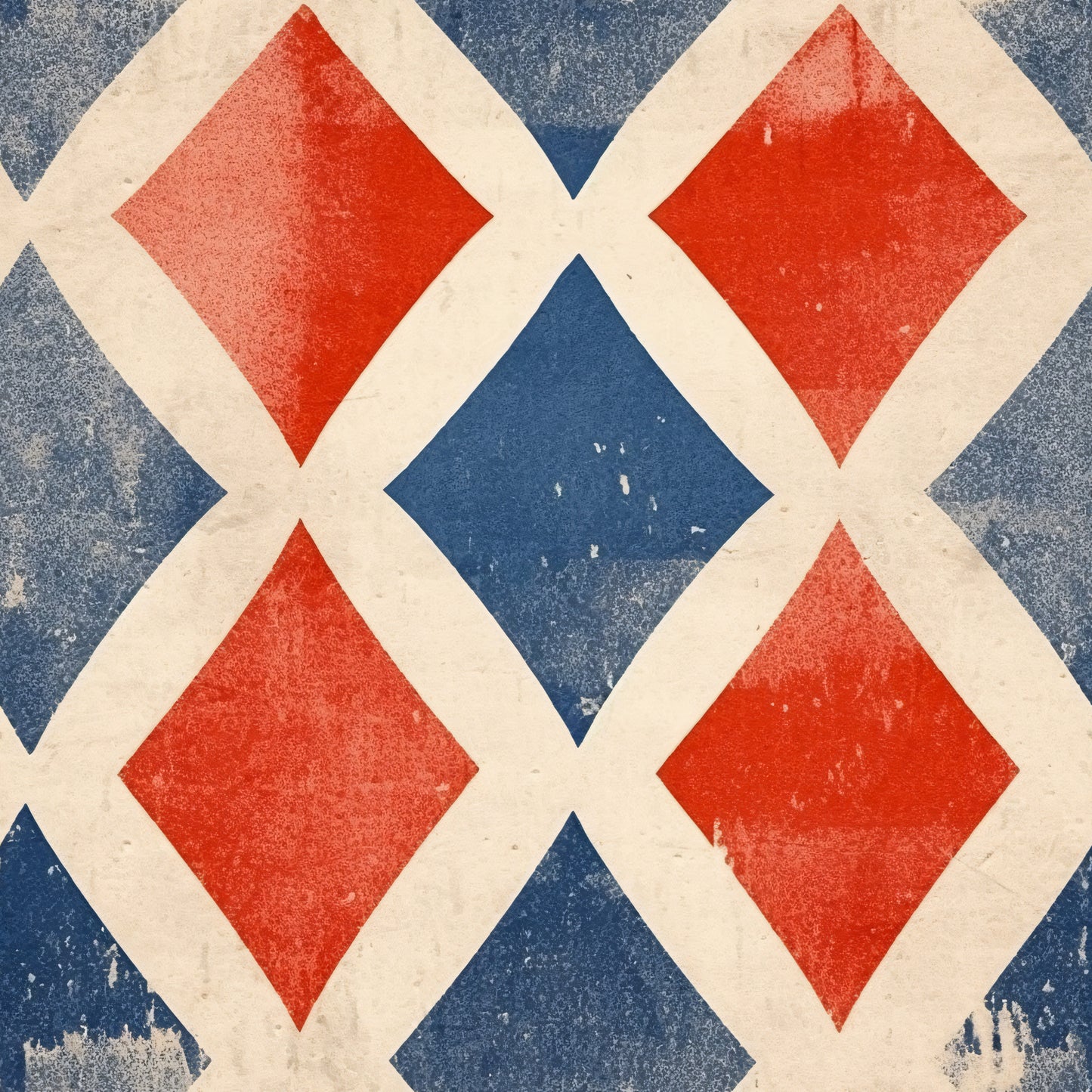 red, blue, cream, white, diamond pattern, geometric design, distressed texture, weathered look, patriotic colors, americana, vintage style, quilting cotton, fabric panel, worn appearance, rustic finish, repeating motif, angular shapes, faded effect, cotton fabric, craft material