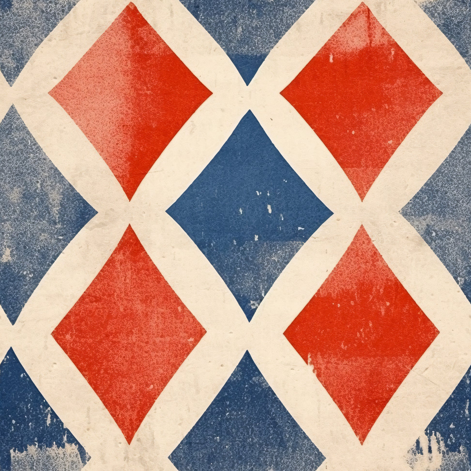 red, blue, cream, white, diamond pattern, geometric design, distressed texture, weathered look, patriotic colors, americana, vintage style, quilting cotton, fabric panel, worn appearance, rustic finish, repeating motif, angular shapes, faded effect, cotton fabric, craft material