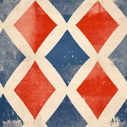 red, blue, cream, white, diamond pattern, geometric design, distressed texture, weathered look, patriotic colors, americana, vintage style, quilting cotton, fabric panel, worn appearance, rustic finish, repeating motif, angular shapes, faded effect, cotton fabric, craft material