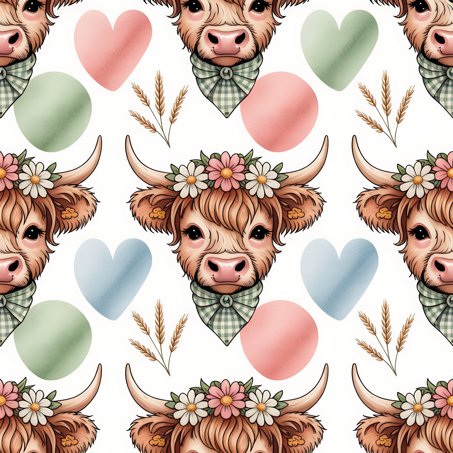 Highland Cow Heads Pattern 1 Quilting Cotton Fabric