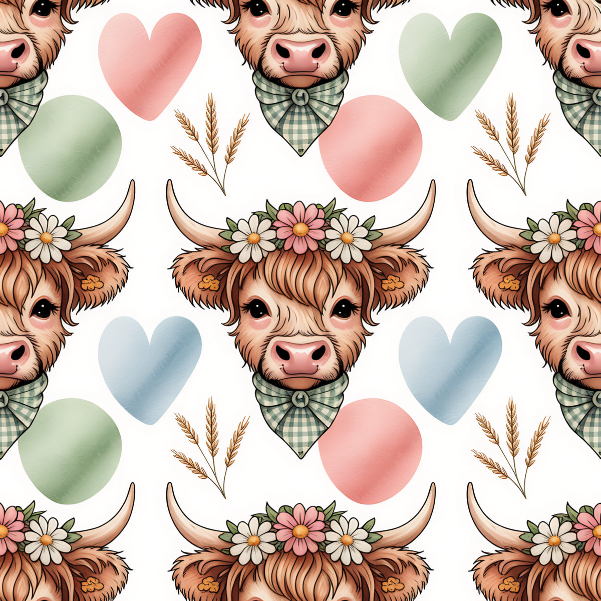 highland cow, cow heads, floral crown, gingham bandana, wheat stalks, pastel hearts, pink hearts, blue hearts, green hearts, brown fur, horns, cute animals, farm animals, cottagecore, watercolor style, quilting cotton, fabric panel, repeating pattern, country charm, rustic style