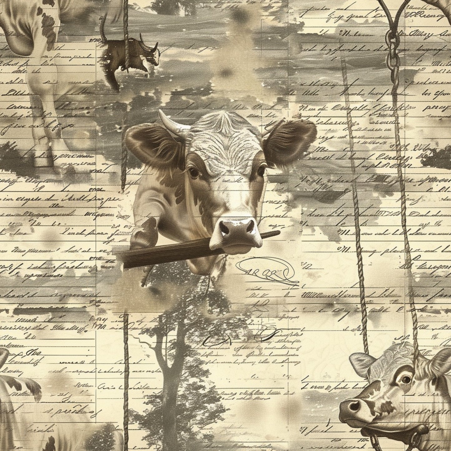 sepia toned, vintage style, dairy cows, farm animals, handwritten script, pastoral scene, trees silhouettes, quilting cotton, fabric panel, rustic charm, countryside theme, brown tones, cream background, livestock imagery, agricultural motif, farmhouse aesthetic, nostalgic mood, rural life, cattle portraits, weathered texture