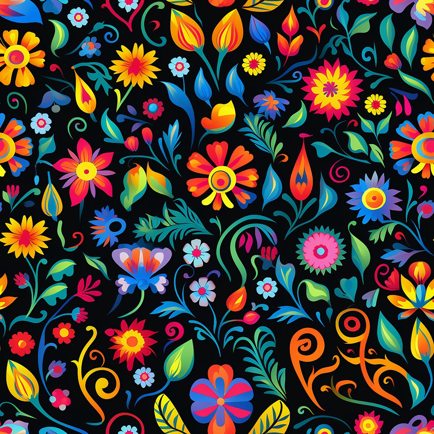 mexican floral, vibrant colors, black background, rainbow flowers, folk art, decorative swirls, bright blooms, multi-colored petals, quilting cotton, fabric panel, festive pattern, colorful leaves, ornamental design, cheerful motifs, craft fabric, sewing material, floral fiesta, botanical elements, vivid hues