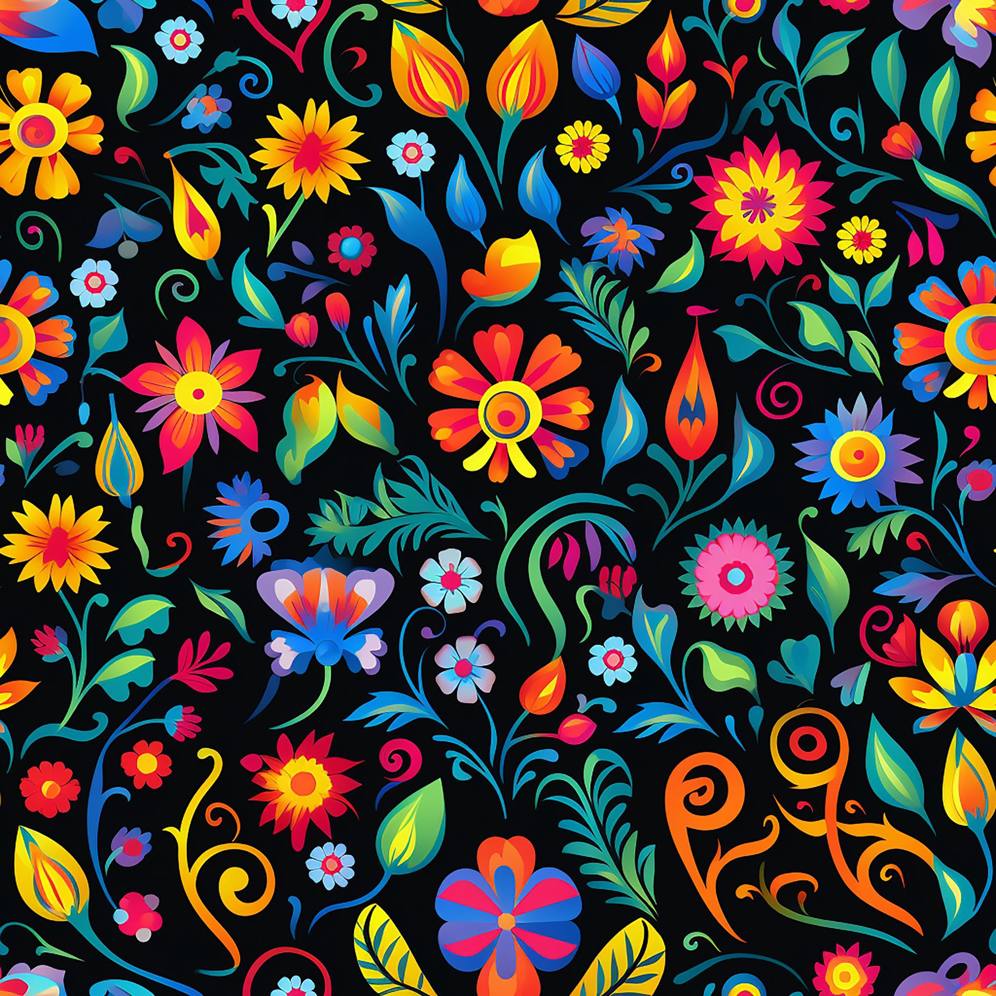 mexican floral, vibrant colors, black background, rainbow flowers, folk art, decorative swirls, bright blooms, multi-colored petals, quilting cotton, fabric panel, festive pattern, colorful leaves, ornamental design, cheerful motifs, craft fabric, sewing material, floral fiesta, botanical elements, vivid hues