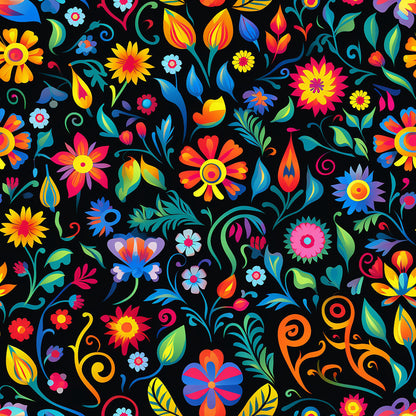 mexican floral, vibrant colors, black background, rainbow flowers, folk art, decorative swirls, bright blooms, multi-colored petals, quilting cotton, fabric panel, festive pattern, colorful leaves, ornamental design, cheerful motifs, craft fabric, sewing material, floral fiesta, botanical elements, vivid hues